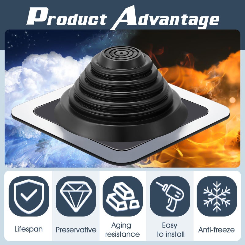 Yaocom Roof Metal Vent Boot Chimney Black Roof Jack Flashing Square Base 8"" x 8"" Epdm Stove Roof Vent Pipe Od 0.25""-5.75""(4 Pcs) - Image 3